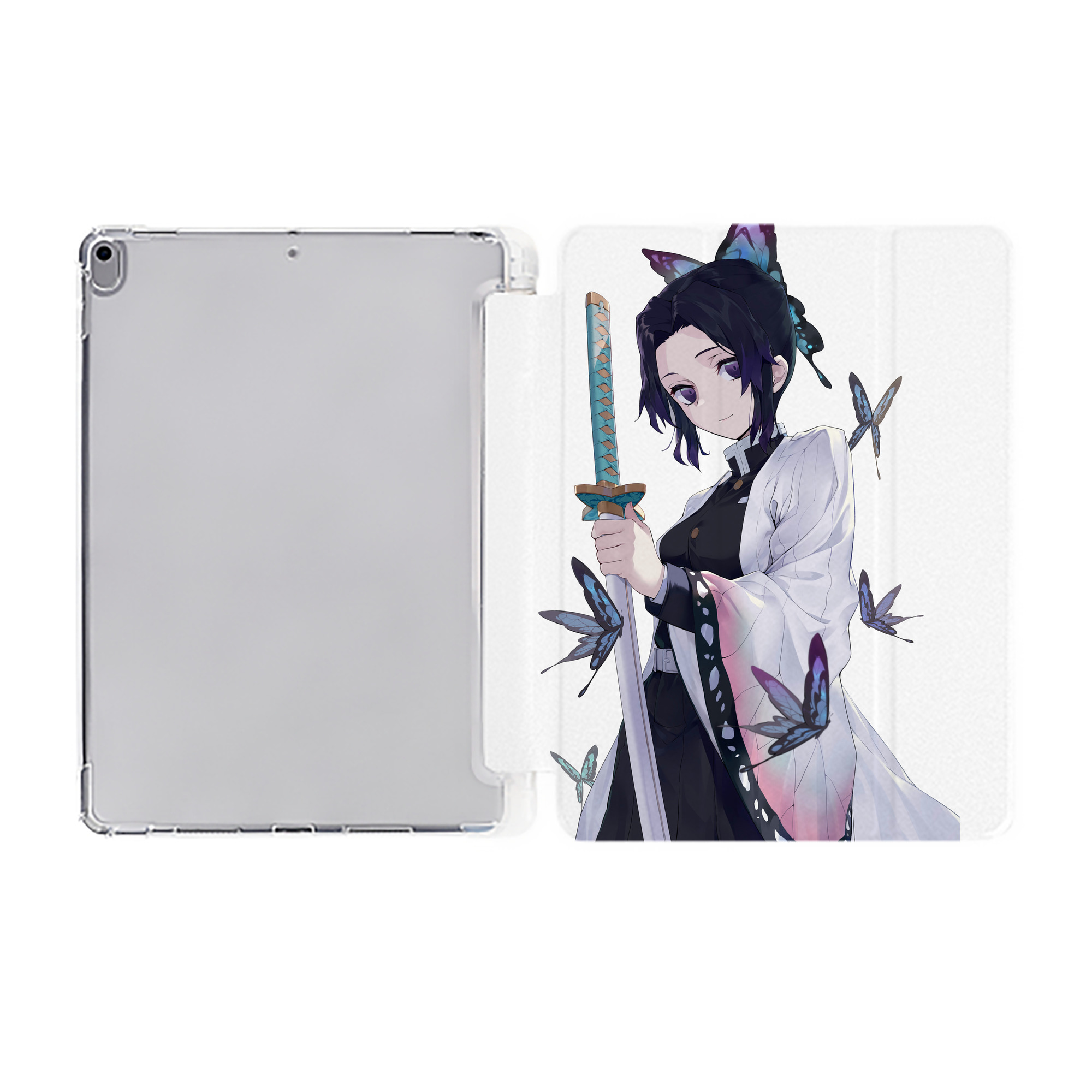 （画像用） 鬼滅の刃（きめつのやいば）蟲柱-胡蝶 しのぶ／こちょう しのぶ Kochou Shinobu IPad ケース ペン収納付き 三つ折りスタンド PUレザー×シリコン 対応機種9.5/10.5/10.9インチ